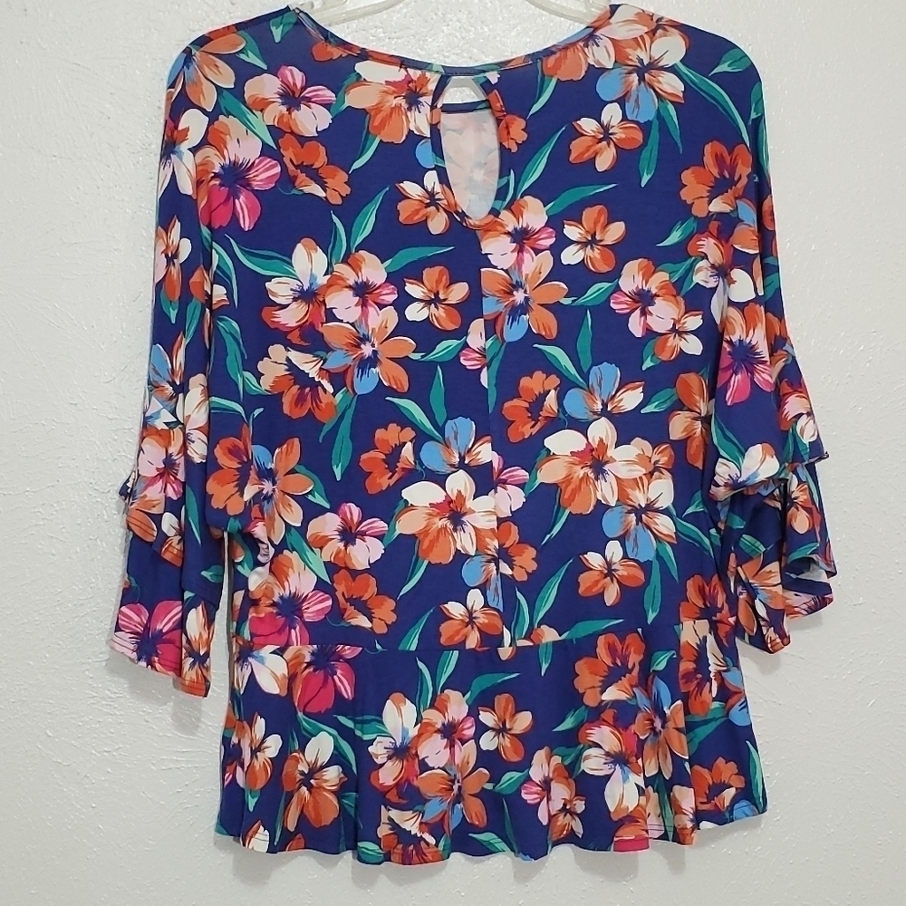 SALE 4/$30 Chris & Carol Blue Floral Peplum Blouse - Picture 7 of 8